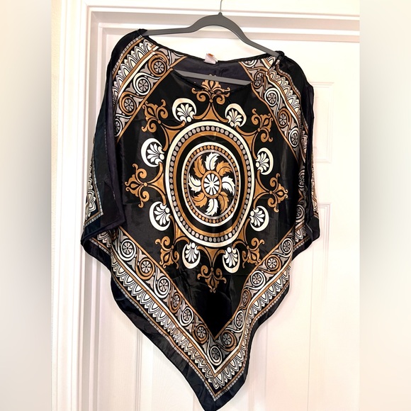Libian Tops - Silky Black Top - Handkerchief Style w/ Gold Geometric Medallion Mandala Print